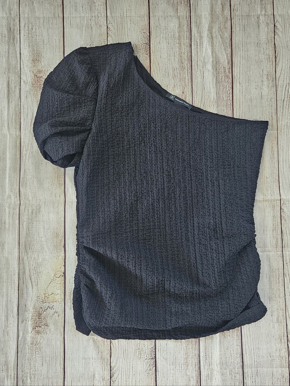 INC International Concepts Black Textured Puff-Sleeve Top